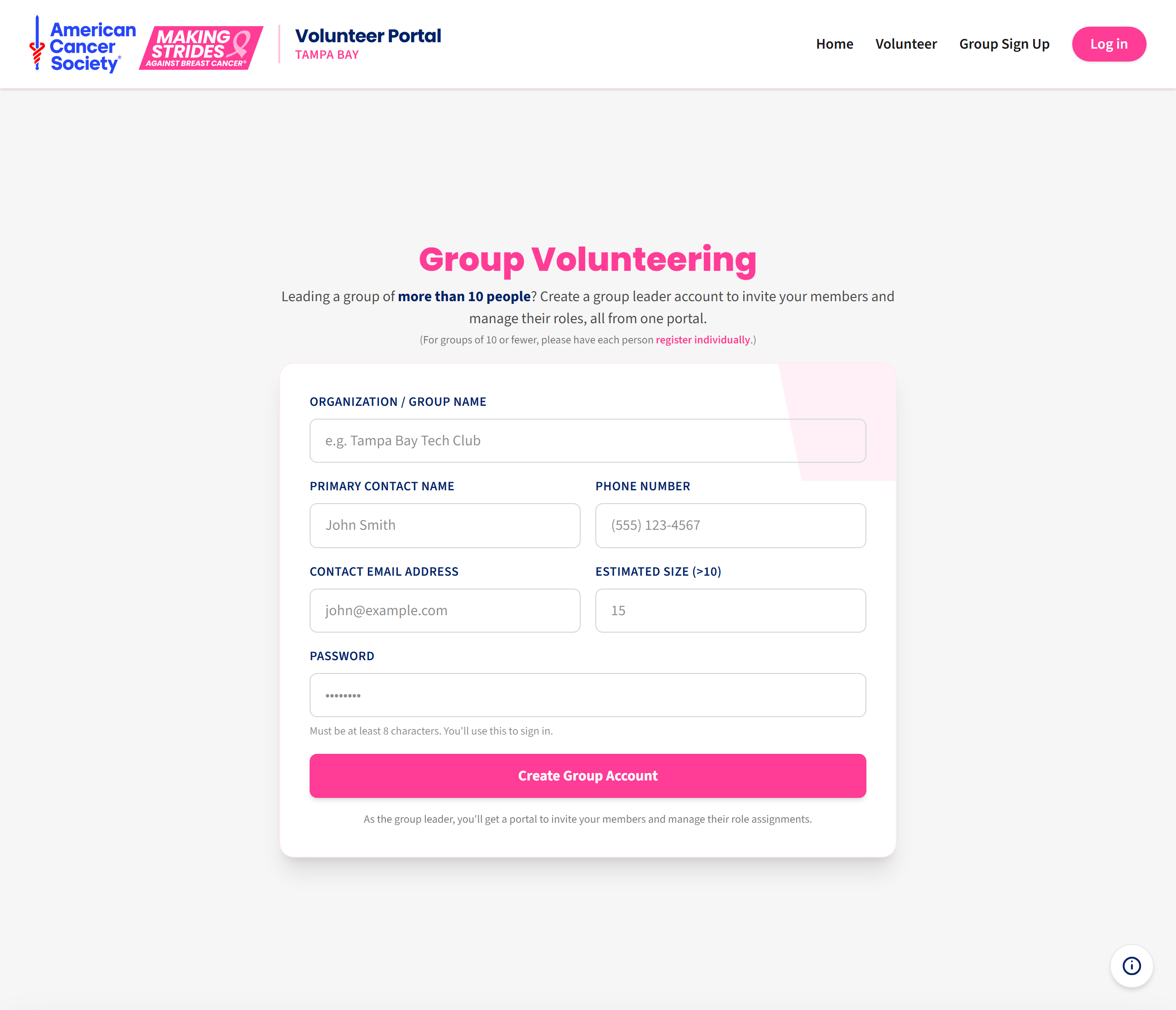The group sign-up form