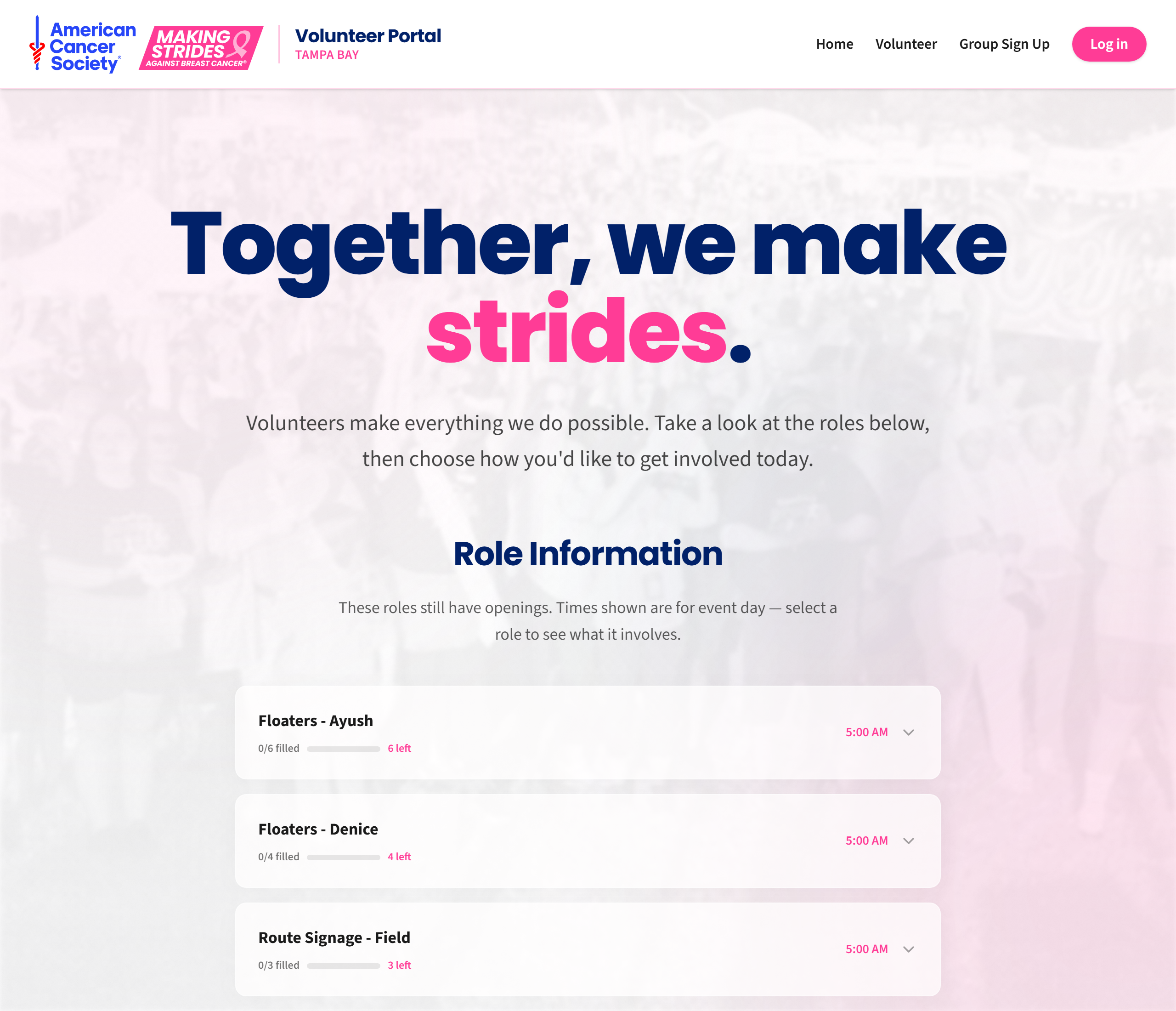 The front page, listing available roles